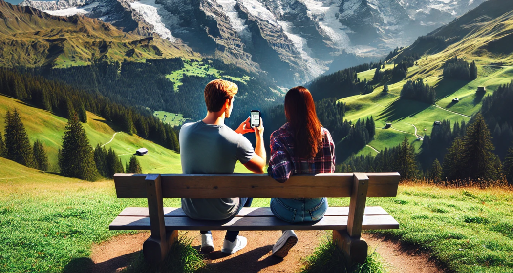 Idiom Voice Zwei Personen auf einer Bank mit Blick auf ein alpines Tal – digitale Vernetzung trifft Naturerlebnis.