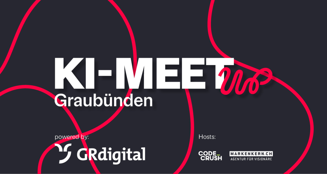Event-Visual KI-Meetup Graubünden: Weisser Schriftzug auf dunklem Hintergrund mit roten geschwungenen Linien. Powered by GRdigital, Hosts: Code Crush und Markenkern.ch.