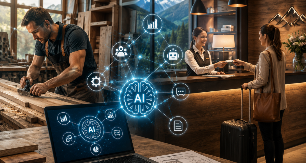 Bild zeigt einen Handwerker in einer Werkstatt und eine Hotelrezeptionistin beim Check-in einer Gästin – verbunden durch ein leuchtendes KI-Netzwerk mit Icons für Analyse, Automatisierung und Kommunikation. Im Vordergrund ein Laptop mit demselben KI-Symbol, im Hintergrund Bergpanorama.