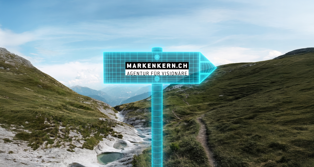 Digitaler Wegweiser mit Markenkern-Logo vor alpiner Berglandschaft in Graubünden