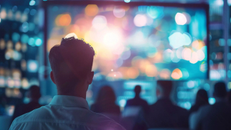 ein Mann vor einem Veranstaltungsscreen