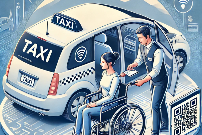 Illustration eines Mannes, der eine Frau im Rollstuhl schiebt