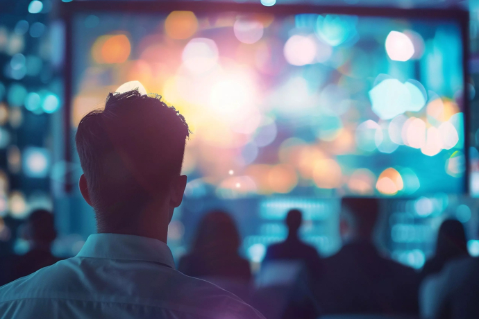 ein Mann vor einem Veranstaltungsscreen