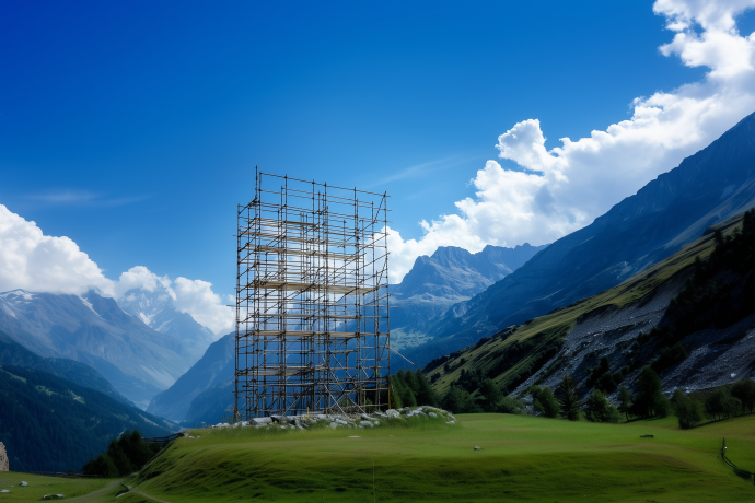 Metallgerüst auf einer grünen Wiese in den Alpen, umgeben von hohen Bergen und blauem Himmel mit Wolken – Symbol für Wandel und Aufbruch.