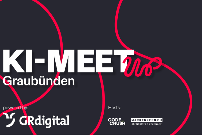 Event-Visual KI-Meetup Graubünden: Weisser Schriftzug auf dunklem Hintergrund mit roten geschwungenen Linien. Powered by GRdigital, Hosts: Code Crush und Markenkern.ch.