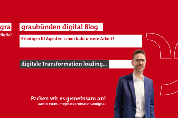 Erledigen KI Agenten bald unsere Arbeit?“ mit Daniel Fuchs (GRdigital) vor rotem Hintergrund. Text: „digitale Transformation loading…