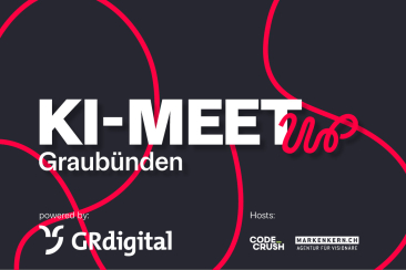 Event-Visual KI-Meetup Graubünden: Weisser Schriftzug auf dunklem Hintergrund mit roten geschwungenen Linien. Powered by GRdigital, Hosts: Code Crush und Markenkern.ch.