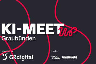 Event-Visual KI-Meetup Graubünden: Weisser Schriftzug auf dunklem Hintergrund mit roten geschwungenen Linien. Powered by GRdigital, Hosts: Code Crush und Markenkern.ch.