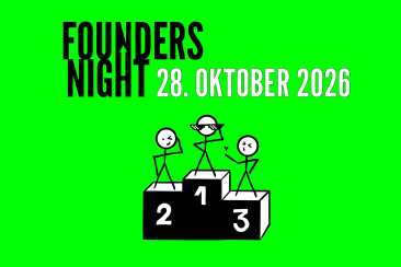 Grafik zur Founders Night 2026 am 28. Oktober auf grünem Hintergrund mit drei Strichfiguren auf einem Siegerpodest (Plätze 1, 2 und 3)