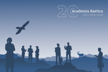 Blaue Illustration mit Silhouetten von Menschen in Businesskleidung, die in einer Berglandschaft im Gespräch stehen, darüber ein fliegender Adler, rechts ein Steinbock.